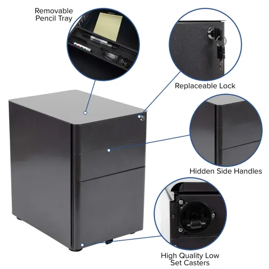Emma and Oliver Modern 3-Drawer Mobile Locking Filing Cabinet Storage Organizer Black {2}