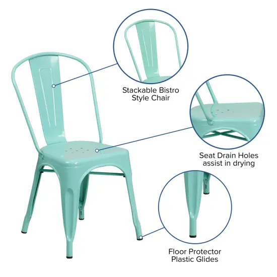 Merrick Lane Wells Indoor/Outdoor Stacking Metal Dining Chair with Single Slat Back and Powder Coated Finish Mint Green {2}