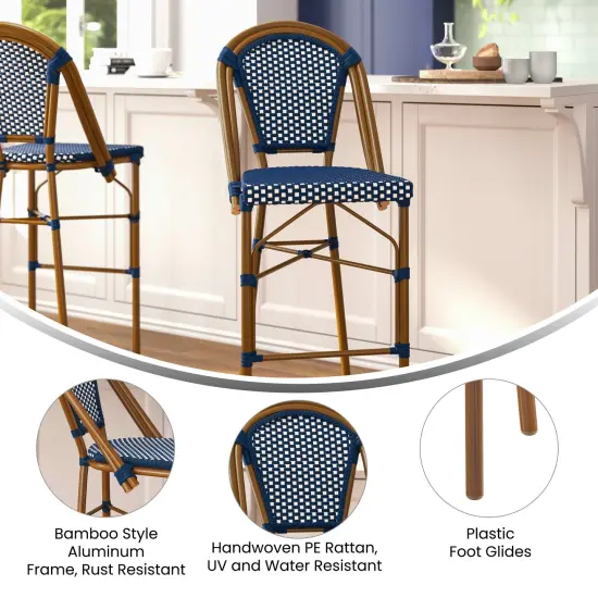 Merrick Lane Sacha Set of Two Stacking Bistro Bar Stools with PE Seats and Backs and Metal Frames for Indoor/Outdoor Use Navy&White/Natural {4}
