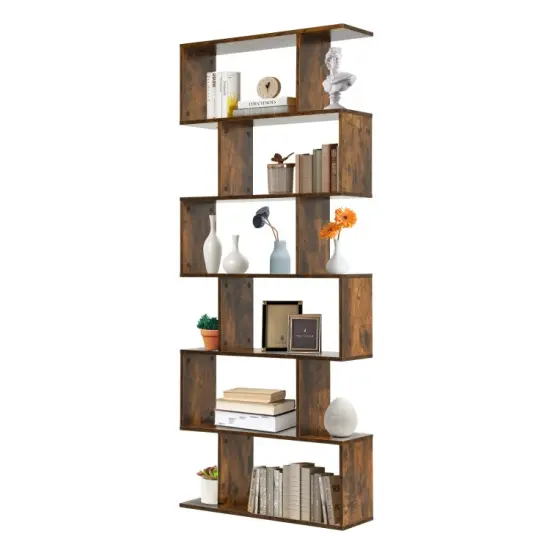6 Tier S-Shaped Bookshelf Storage Display Bookcase Decor Z-Shelf Coffee {4}