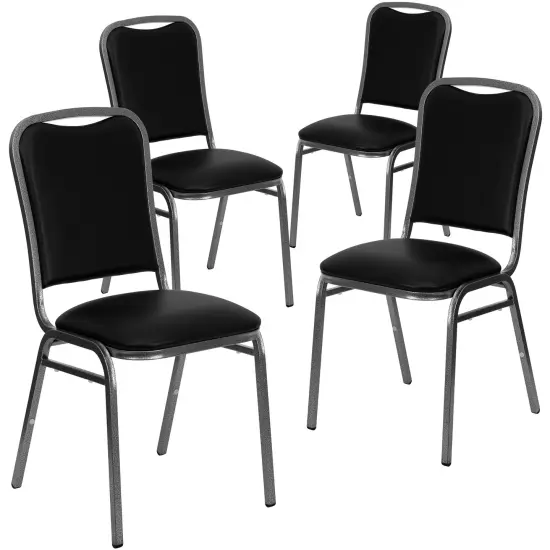 Emma and Oliver 4 Pack Stacking Banquet Chair with Vinyl and 1.5'' Thick Seat - Frame BlackVyl/SilverVein {1}