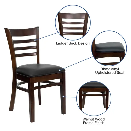 Emma and Oliver Ladder Back Wooden Restaurant Dining Chair BlackVinyl/Walnut {2}