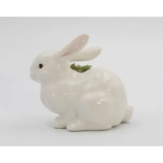 Springtime Bunnies: Easter Bunny Rabbit Crouching with Pink Rose Flower Figurine {4}