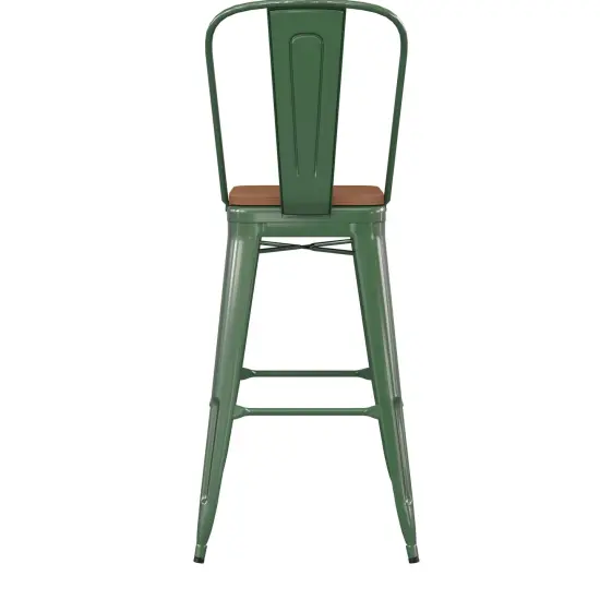 Emma and Oliver Kam Metal Indoor-Outdoor Stool with Removable Back and All-Weather Polystyrene Seat Green/Teak {4}