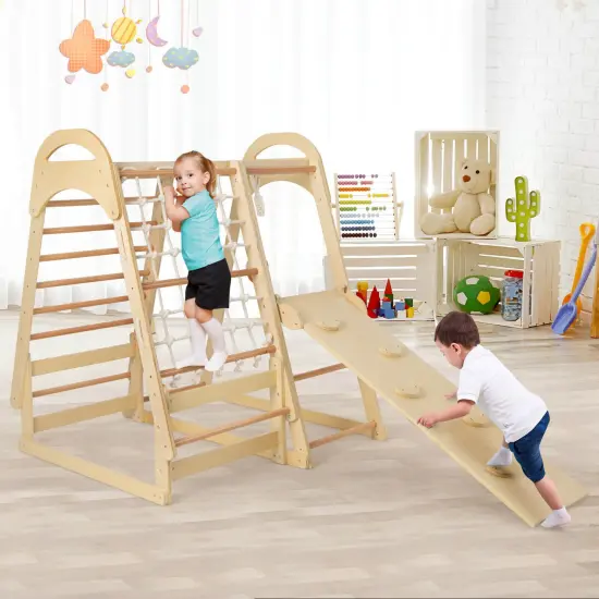 6-in-1 Wooden Kids Jungle Gym Playset with Slide Climbing Net-Natural {6}