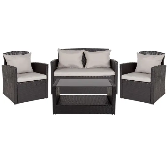 Emma and Oliver 4 Piece Patio Set with Gray Back Pillows & Seat Cushions - Outdoor Seating Beige/BrownFrame {8}