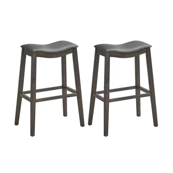 29 Inch Set of 2 Backless Wood Nailhead Barstools with PVC Leather Seat Grey {2}