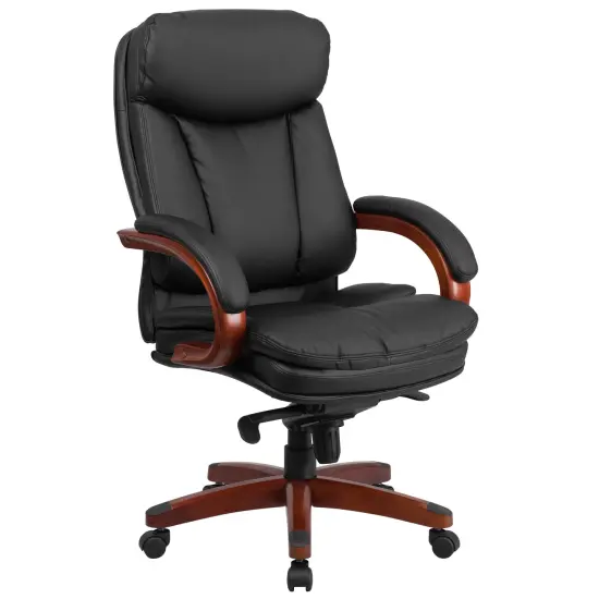 Emma and Oliver High Back Leather Executive Swivel Ergonomic Office Chair with Synchro-Tilt Mechanism, Mahogany Wood Base and Arms Black {1}