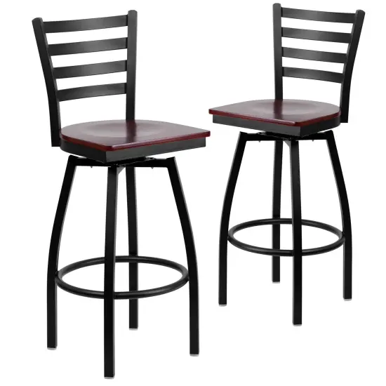 Emma and Oliver 2 Pack Ladder Back Swivel Metal Barstool Mahogany/BlackMetal {1}