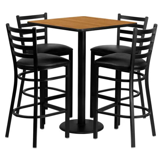 Emma and Oliver 30" Square Laminate Table Set with 4 Ladder Back Metal Barstools NaturalTop/BlackVYL {1}