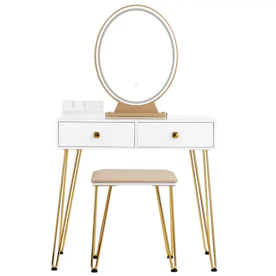 Makeup Dressing Table Included Soft Cushion Seat Stool with 3 Lighting Modes and 2 Large Drawers White {3}