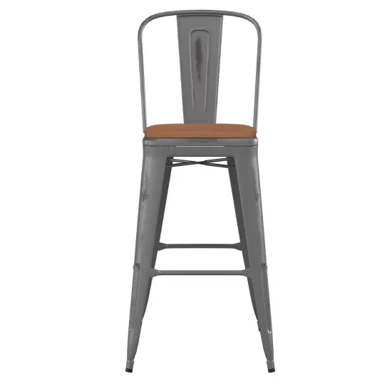 Emma and Oliver Grant Clear Coated Metal Stool with Backrest and Polyresin Seat for Indoor Use Only Clear Coated/Teak {3}