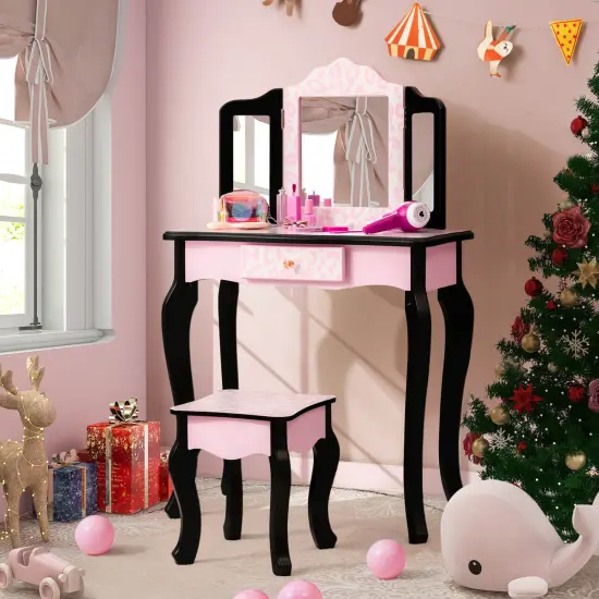 Kid Vanity Set with Tri-Folding Mirror and Leopard Print-Pink {3}