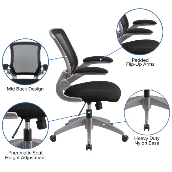 Emma and Oliver Mid-Back Mesh Swivel Ergonomic Task Office Chair with Gray Frame & Flip-Up Arms Black {2}