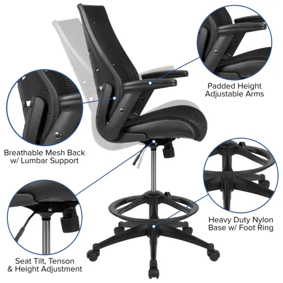 Emma and Oliver High Back Mesh Ergonomic Drafting Chair with Adjustable Flip-Up Arms Black {2}