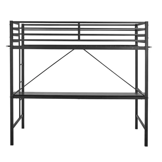 Emma and Oliver Jensen Metal Loft Bed Frame with Desk, Protective Guard Rails and Ladder for Kids, Teens and Adults Black {4}
