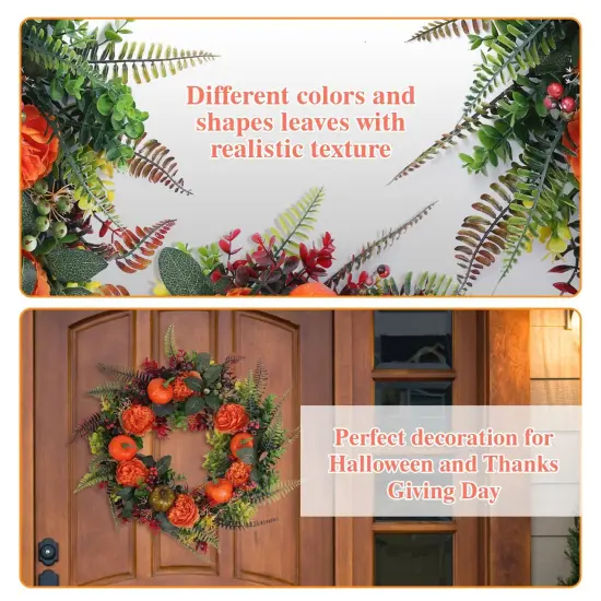 17.71 Inch Autumn Wreath with Pumpkin Mixed Leaves Berries Flowers Fall Decoration {5}