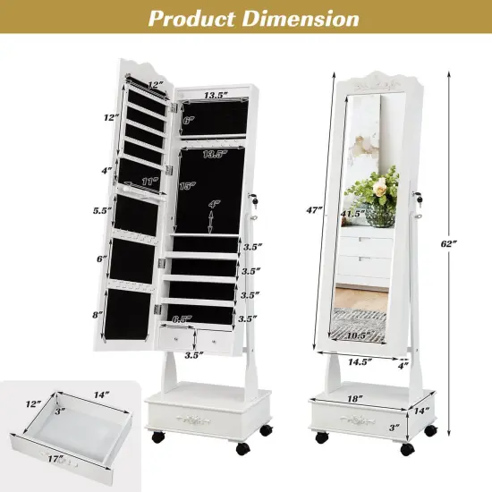 Rolling Floor Standing Mirrored Jewelry Armoire with Lock and Drawers White {4}