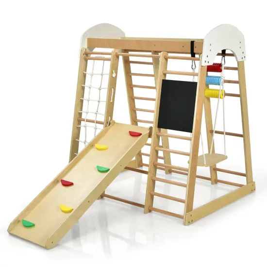 8-in-1 Multi-Functional Kids Wooden Climber Gym Playset Suitable for Indoor or Outdoor Space Natural {4}