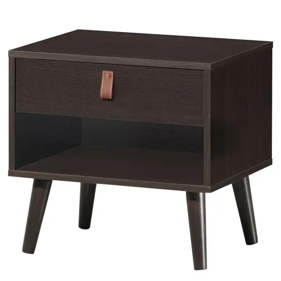 Nightstand Bedroom Table with Drawer Storage Shelf-Brown {3}