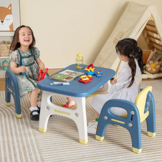 Kids Table and 2 Chairs Set with Storage Shelf and Building Blocks-Blue {2}
