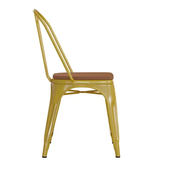 Emma and Oliver Perth Metal Stacking Dining Chairs with Poly Resin Seats for Indoor/Outdoor Use Yellow/Teak {5}
