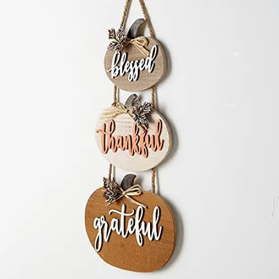 HOMirable Blessed Thankful Grateful Sign Farmhouse Thanksgiving Wall D&eacute;cor Rustic Wooden Sign Vintage Hanging Decoration Autumn Harvest Halloween Signs {3}
