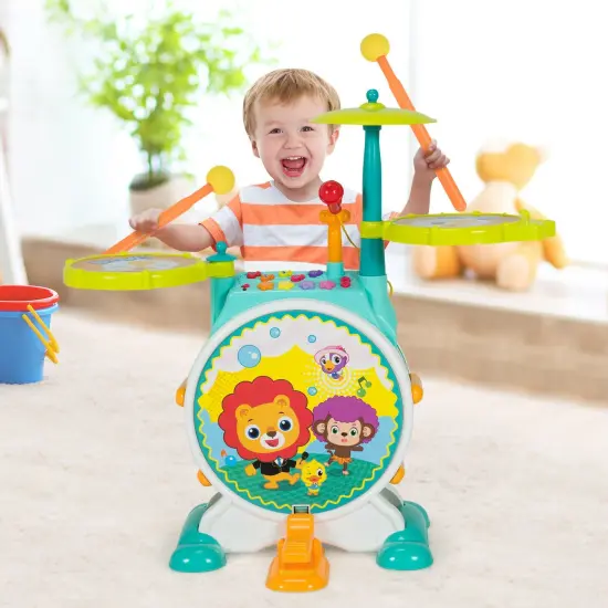 3 Pieces Electric Kids Drum Set with Microphone Stool Pedal {2}