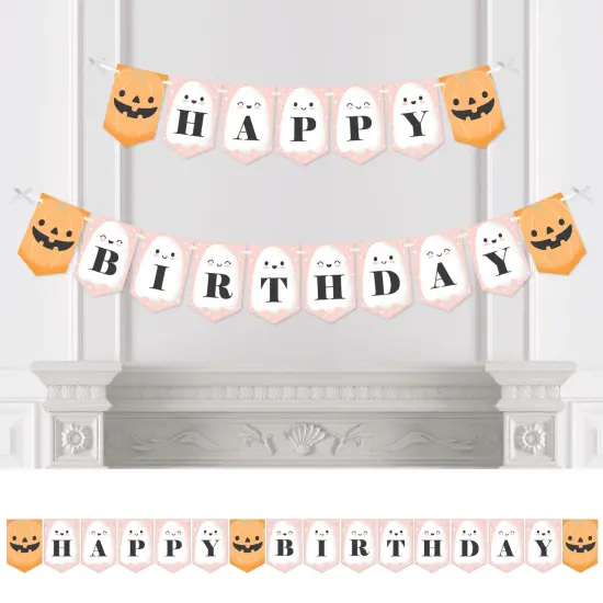 Big Dot of Happiness Pastel Halloween - Pink Pumpkin Birthday Party Bunting Banner - Party Decorations - Happy Birthday {1}