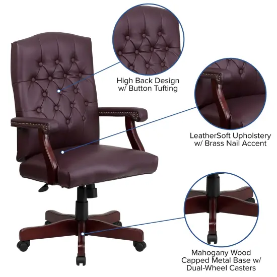 Merrick Lane Versailles High Back Tufted Home Office Chair With Height Adjustment And 360&deg; Swivel Burgundy LeatherSoft {2}