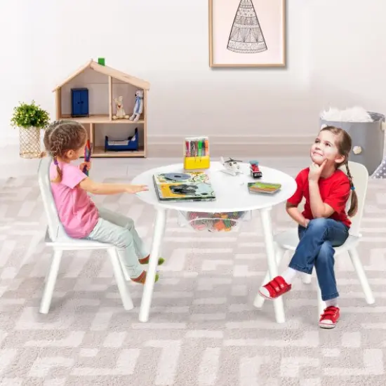 Wood Activity Kids Table and Chair Set with Center Mesh Storage White {5}