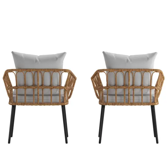 Merrick Lane Armon Set of Two Indoor/Outdoor Boho Style Open Weave Rattan Rope Patio Chairs with Cushions Natural/Gray {4}