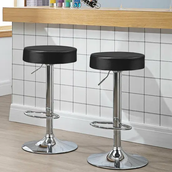 Set of 2 Height Adjustable Swivel Round Bar Stool with Stainless Steel Chrome Base Perfect for Seating in Any Room Black {6}