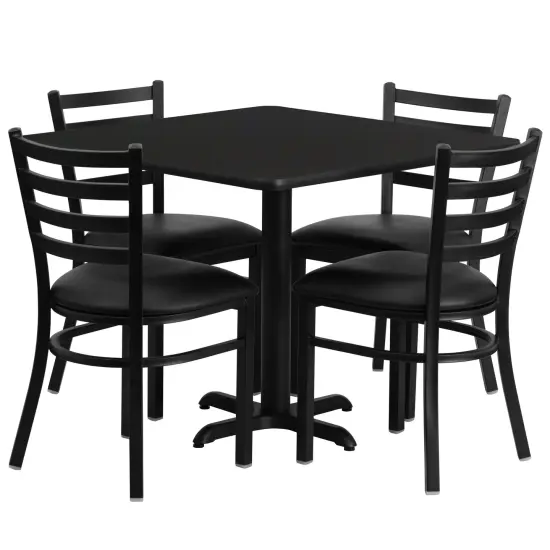 Emma and Oliver 36" Square Laminate X-Base Table Set with 4 Ladder Back Chairs BlackTop/BlackVinyl {1}