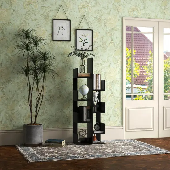 8-Tier Bookshelf Bookcase with 8 Open Compartments Space-Saving Storage Rack Black {5}