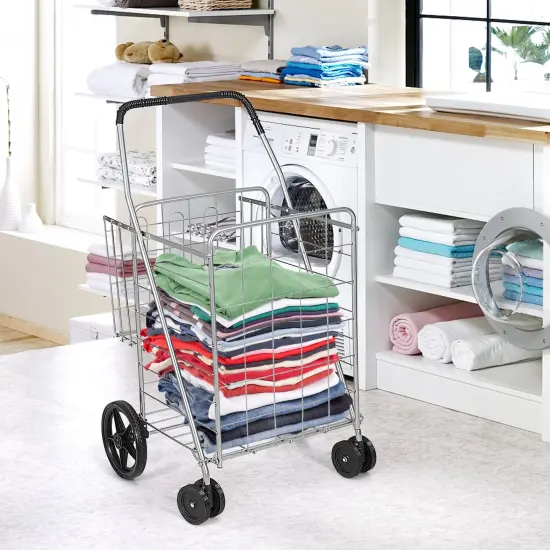 Folding Shopping Cart for Laundry with Swiveling Wheels & Dual Storage Baskets Silver {2}