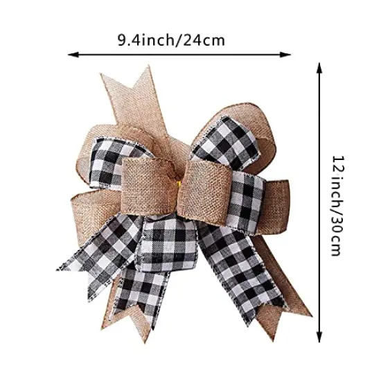 Black White Plaid Gift Bows Burlap Wreaths Bows Christmas Tree Topper for Wedding Holiday Birthday Party Decoration 12" x 9.4" {6}