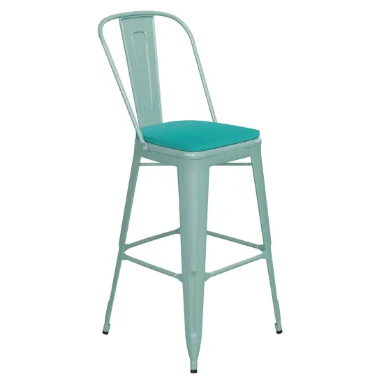 Emma and Oliver Nova Distressed Metal Stools with Backs and Polystyrene Seats for Indoor/Outdoor Use MintGreen/MintGreen {1}