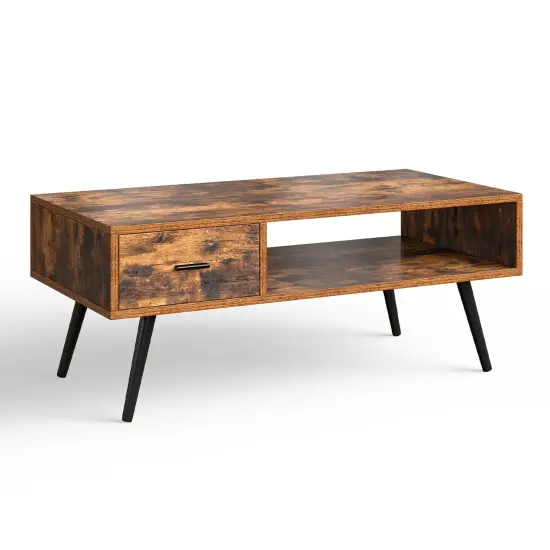 Retro Rectangular Coffee Table with Drawer and Storage Shelf-Rustic Brown {1}