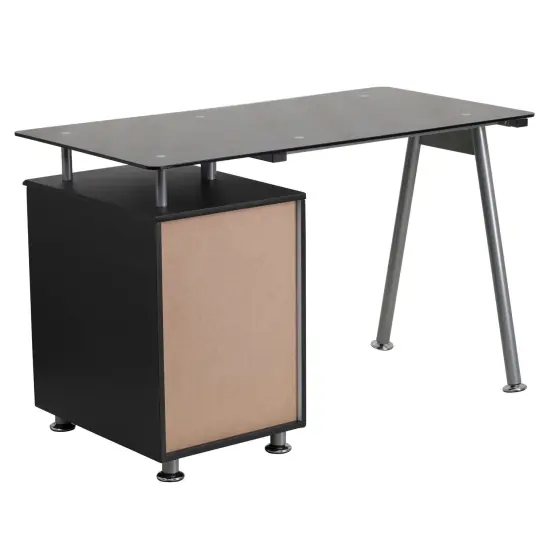 Emma and Oliver Computer Desk with Tempered Glass Top and Three Drawer Pedestal Black {2}
