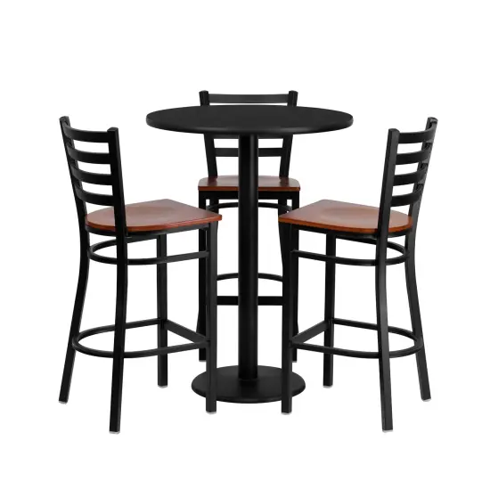 Emma and Oliver 30'' Round Laminate Table Set with 3 Ladder Back Metal Barstools Black {1}