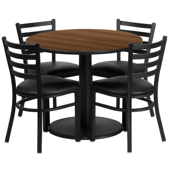 Emma and Oliver 36" Round Laminate Table Set with 4 Ladder Back Metal Chairs WalnutTop/BlackVinyl {1}