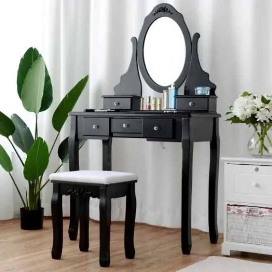Wooden Vanity Set with 360&deg; Rotating Oval Mirror and Cushioned Stool Black {1}