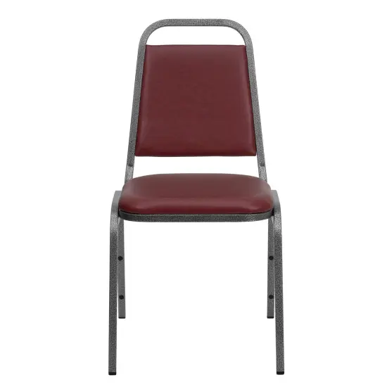 Emma and Oliver Trapezoidal Back Stacking Banquet Dining Chair - 1.5" Thick Seat BurgundyVinyl/Silver {3}