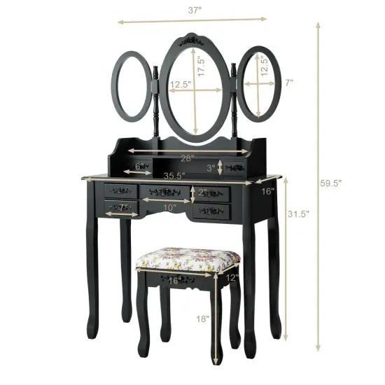 7 Drawer Tri-Folding Mirror Dressing Vanity Makeup Set {4}