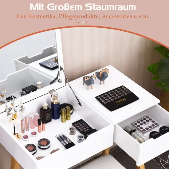 Vanity Makeup Table Cushioned Stool Set with Flip Top Mirror {6}