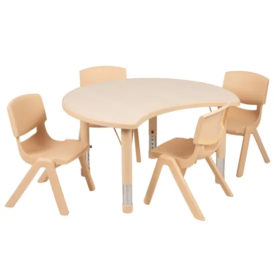 Emma and Oliver 25.125"W x 35.5"L Crescent Plastic Adjustable Kids Table Set - 4 Chairs Natural {2}