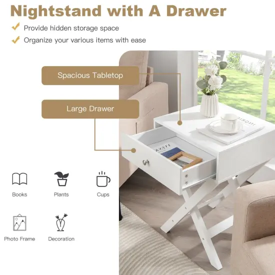 X Shaped Base Side Nightstand with 1 Drawer Perfect for Place to Plant and Photo Frame or Any Decorative Item White {6}