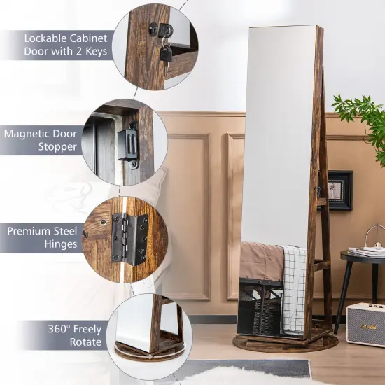 360 Degree Full Length Mirror Jewelry Armoire Cabinet with 3-Color LED Lights and Lockable Door Brown {5}