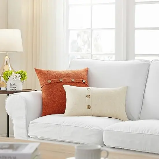 Set of 2 Fall Pillow Covers 18 x 18 Burnt Orange Pillow Covers with Coconut Buttons Fall Decorations for Home {4}